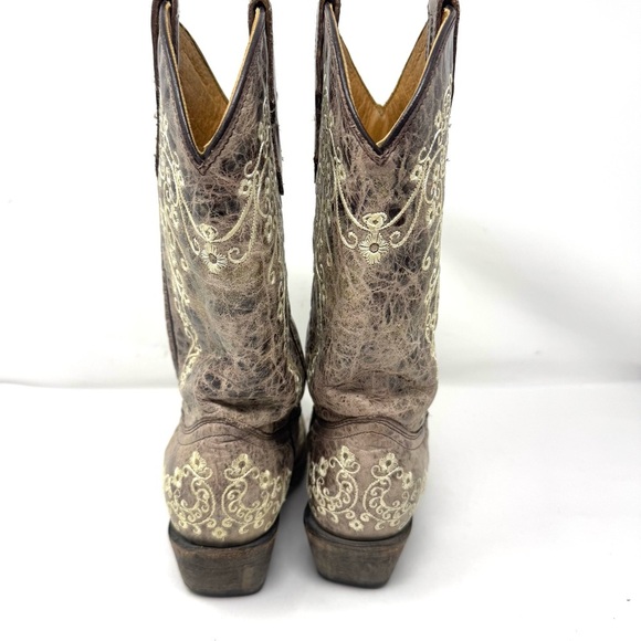 Corral Crater Brown Leather Embroidered Snip Toe Cowgirl Boots Teen Women Sz 5 - Picture 4 of 7
